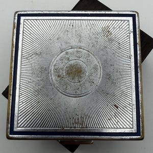 Vintage Bourjois Paris Square Powder Compact Silver Tone Blue Enamel Border Sunburst Engine Turned Art Deco Vanity Mirror 1930s Collectible