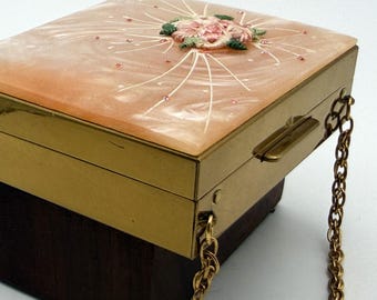Vintage Compact Purse with Chain, Pearlized Ribbon Rose Lid, Goldtone Carryall Vanity Case, Powder Puff & Lipstick Tube, 1950s Minaudiere