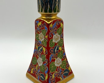Castiçal vintage chinês em porcelana cloisonné | Design floral em esmalte pintado à mão