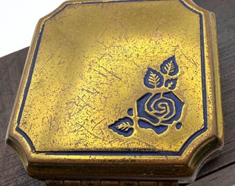 Vintage Lanchere Blue Rose Powder Compact Gold Tone Enamel Art Deco Vanity Mirror Compact Collectible 1940s Makeup Case