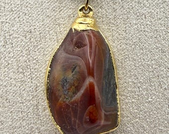 Gold Edged Agate Pendant Necklace, Natural Stone Slice Pendant, Silver Snake Chain, Boho Gemstone Jewelry, Red Blue Agate Statement Necklace