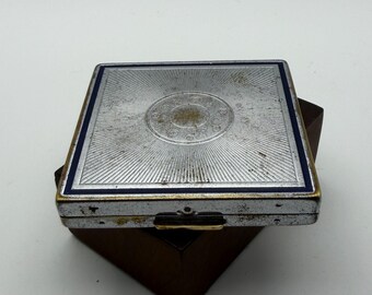 Vintage Bourjois Paris Square Powder Compact Silver Tone Blue Enamel Border Sunburst Engine Turned Art Deco Vanity Mirror 1930s Collectible