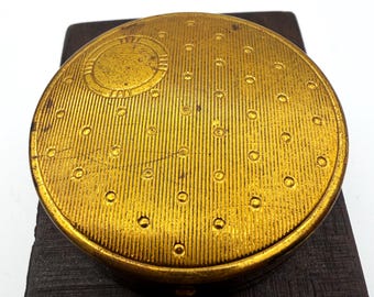 Vintage Gilt Brass Powder Compact Clock Motif Engine Turned Raised Dot Lid Chevron Band 1940s Vanity Collectible Art Deco