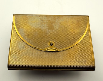 Antyczna, złocona mosiężna puderniczka w kształcie kopertówki, styl silnika, styl art déco, kosmetyczka, lusterko, kolekcja, lata 20. i 30. XX wieku