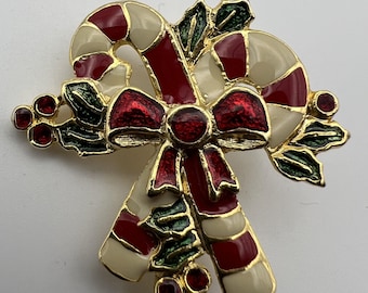 Broche navideño vintage de bastón de caramelo - Pin de acebo dorado