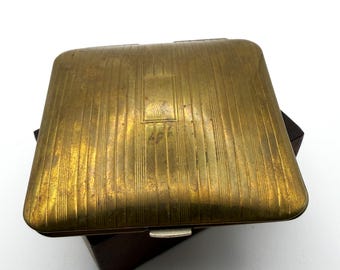 Vintage Volupté Gold Tone Powder Compact Square Engine Turned Art Deco Vanity Mirror Collectible 1940s 1950s Makeup Case