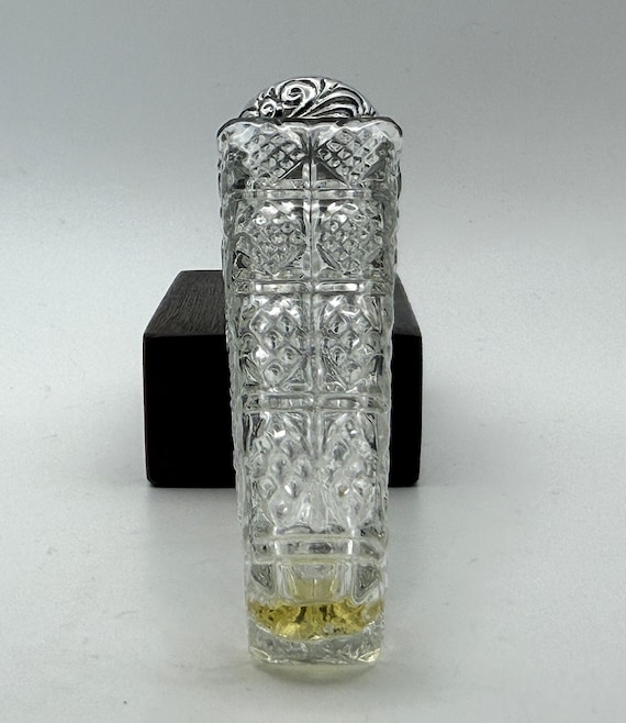 Vintage Cut Glass Perfume Bottle, 1979 Engraved Silver Tone Repoussé Cap, Diamond Pattern Scent Bottle, Vanity Purse Perfume Collectible
