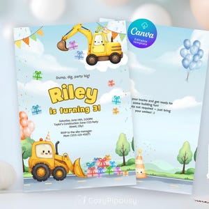 Excavator Birthday Invitation: Construction Party, Editable Canva Template (Digital Download