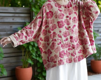 Hand-Printed Pink Floral Cotton Jacket: Boho Cottage Style Coat in Short and Long Length