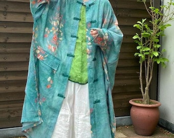 Chaqueta de lino con estampado floral a mano: abrigo estilo cabaña bohemio retro en largo corto y largo.