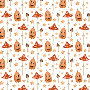 Può includere: Un motivo ripetuto con zucche arancioni con baffi, funghi rossi e bianchi a pois, piccoli funghi marroni e stelle dorate su sfondo bianco. Le zucche hanno facce intagliate e il tema generale è Halloween.