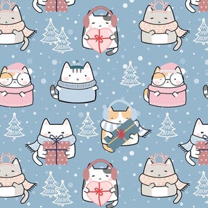 Christmas Winter Cat Kawaii Print - 100% Cotton Print - Half Yard Orders | 57&quot; Width | Hand-Cut Continuous Length