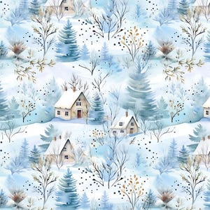 May include: Watercolor winter scene pattern featuring snow-covered houses, evergreen trees, and bare winter branches. The color palette includes shades of blue, white, and brown, creating a serene and wintry atmosphere. This design is suitable for fabric, wallpaper, or other craft projects.