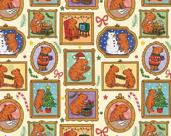 Cute Christmas Capybara Kawaii Print - 100% Cotton Print - Half Yard Orders | 57" Width | Hand-Cut Continuous Length