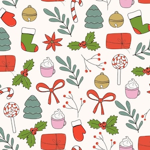May include: A festive pattern featuring Christmas-themed illustrations. The design includes red mittens, bells, stockings, wrapped gifts, holly, bows, candy canes, lollipops, Christmas trees, and mugs of whipped cream on a cream background.