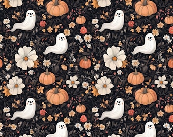 Halloween Floral Pumpkin Ghost Print - 100% Cotton Print - Half Yard Sold| 57" Width | Hand-Cut Continuous Length