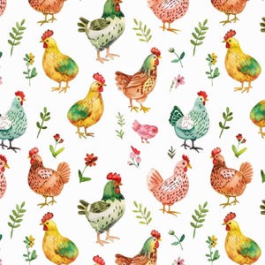 May include: Watercolor pattern featuring colorful chickens in various poses, with red combs and detailed feathering. The design includes green leaves and small pink and yellow flowers, all set against a white background.