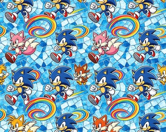 Tela 100% algodón con estampado de dibujos animados de Sonic the Hedgehog, por medio metro.