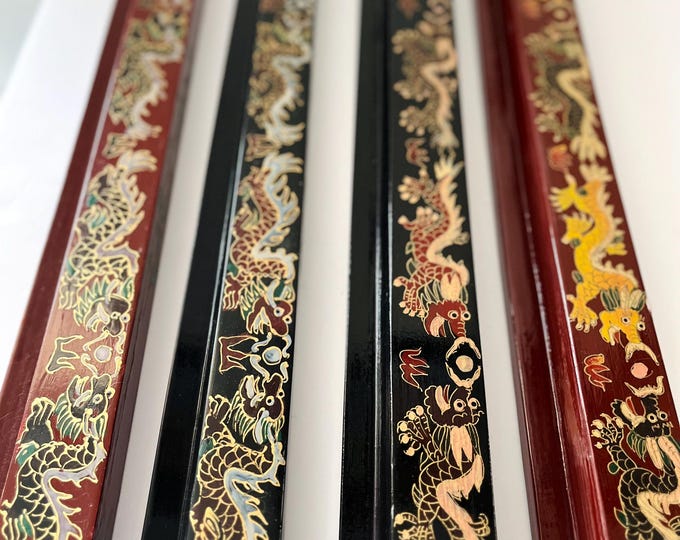 Vintage Lacquered Mahjong Racks: Black and Red Wooden Set of 4 Dragon ...