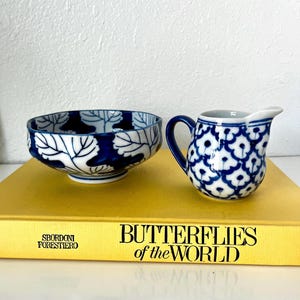 Vintage Blue White Ceramic Decor collection of 2 items bowl and little pitcher creamer Traditional Classic Decor Grandmillenial Cottagecore
