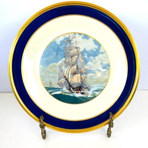 Lenox Clipper Ship Vintage Special plate, 24k Gold & Cobalt Rim, 10.5” Gorgeous for wall art bookshelf Coastal Nautical Boys room Marine