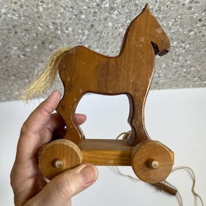 Vintage Primitive Horse pull Toy wooden Handmade animal Folk Art farmhouse 5x7&quot; Rustic Children decor Cottagecore country equestrian