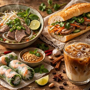 Op de afbeelding: Een kom runder-pho met taugé, limoen en kruiden, een banh mi-broodje met varkensvlees en groenten, drie garnalen-loempia's met pindasaus en een glas ijskoffie op een rustiek houten oppervlak.