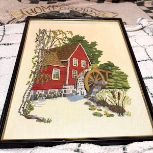 Vintage Crewel-Style Embroidery, Sunset Stitchery “Red Mill,” Framed Needlework Art - 1978