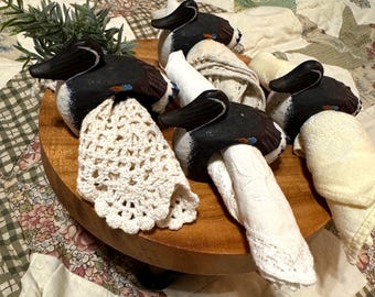 Vintage Hand-Carved Wooden Duck Napkin Rings Set of 4 | Rustic Farmhouse Decor