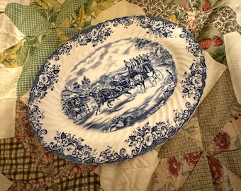 Johnson Bros Coaching Scenes Platter | Blue Transferware Ironstone Serving Platter | English Staffordshire Oval Plate