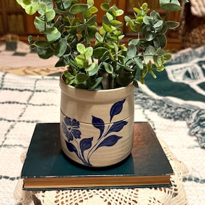 May include: A beige ceramic pot with a blue floral design, holding green leafy plants. The pot sits atop a dark green book, placed on a cream-colored lace doily. The background includes a wooden cabinet.