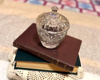 Vintage Pressed Glass Lidded Candy Dish | Starburst Cut Glass Trinket Jar | Clear Glass Bowl with Lid