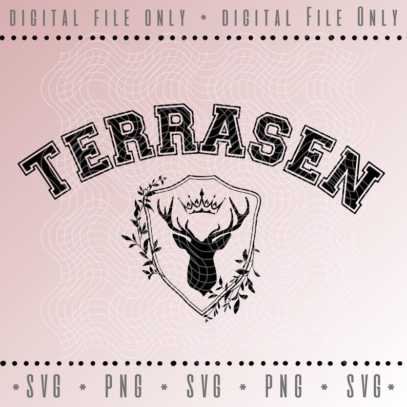 K&ouml;nnte beinhalten: Eine digitale Designdatei mit dem Wort "TERRASEN" in fetter, bogenf&ouml;rmiger Schrift &uuml;ber einem Schildemblem. Das Emblem zeigt eine Hirschkopf-Silhouette mit Krone, umgeben von Bl&auml;ttern, alles in Schwarz auf rosa Hintergrund.