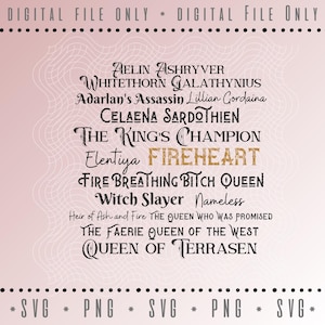 Könnte beinhalten: Ein digitales Dateidesign mit rosa Hintergrund und spinnennetzartigem Muster. Das Design zeigt verschiedene Textelemente in verschiedenen Schriftarten, darunter Sätze wie "FIREHEART" und "QUEEN OF TERRASEN". Die Dateitypen sind SVG und PNG.