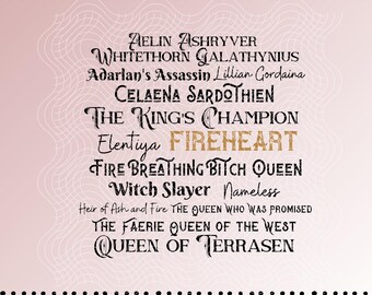 Aelin names in Throne of Glass SVG Cricut cut file, png digital download, Sarah j Maas, Fireheart, To Whatever End SJM Vinyl Decal file