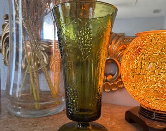 Vintage Indiana Glass "Colony Harvest" Avocado Green Footed Vase | 1970s Retro Decor