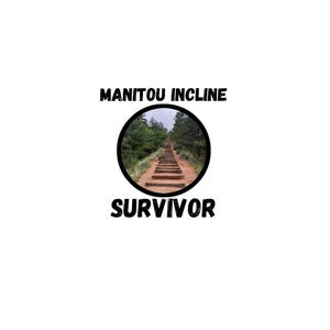 May include: A white graphic with the words "MANITOU INCLINE" above a circular image of a wooden staircase leading up a hill, and the word "SURVIVOR" below.