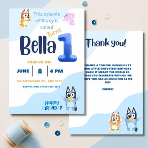 Editable Bluey Birthday Invitation & Thank You Card | Bluey Party Template | 1st Birthday Printable | Bluey Birthday Invite