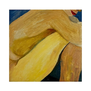 May include: Oil painting of a figure in a seated position, with limbs drawn in shades of yellow, brown, and blue. The figure's form is simplified, with visible brushstrokes. The background is a deep blue.