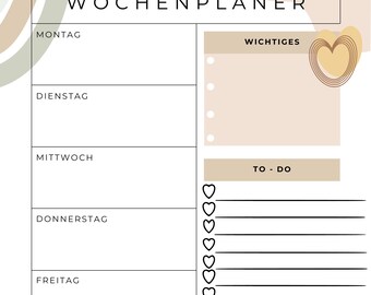 May include: A weekly planner with the German text "WOCHENPLANER" at the top. The planner features sections for each day of the week, a "TO-DO" list with heart-shaped bullet points, and sections for notes and important items. The design includes soft beige and green accents.