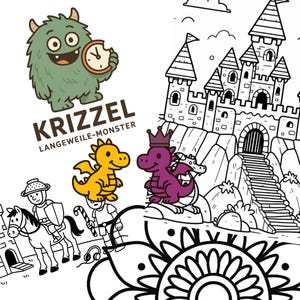 Könnte beinhalten: Schwarz-Weiß-Illustration mit einem grünen Monster, das eine Uhr hält, zwei Drachen, einem Schloss und dem Text "KRIZZEL LANGEWEILE-MONSTER". Das Bild enthält auch einen Ritter auf einem Pferd und eine Person mit Kopfhörern.