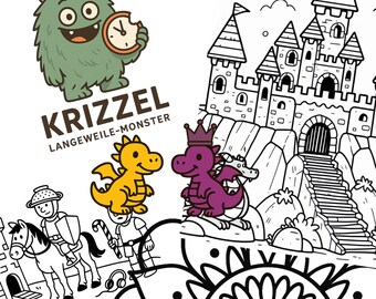 May include: Black and white illustration featuring a green monster holding a clock, two dragons, a castle, and the text "KRIZZEL LANGEWEILE-MONSTER". The image also includes a knight on a horse and a person with headphones.