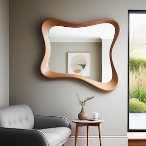 Handcrafted Oak Asymmetrical Mirror - Mid Century Modern Mirror - Asymmetrical Irregular Mirror - Wooden Framed Mirror - Mirror Home Decor