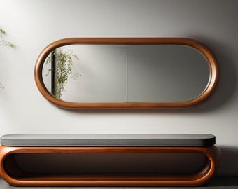 Ovale asymmetrische spiegel walnoten lijst - moderne spiegel uit het midden van de eeuw - walnoot onregelmatige spiegel - spiegel houten lijst - moderne minimalistische spiegel