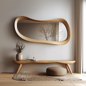 Oak Asymmetrical Irregular Mirror - Mid Century Modern Mirror - Irregular Wall Mirror - Wooden Framed Asymmetrical Mirror - Wooden Mirror