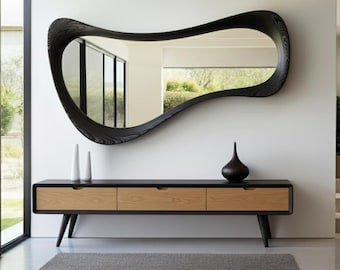 Black Oak Asymmetrical Mirror - Mid-Century Modern Mirror - Black Oak Framed Asymmetrical Irregular Mirror - Oak Mirror