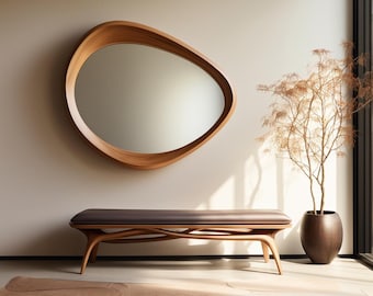 Asymmetrische spiegel walnoot - moderne spiegel uit het midden van de eeuw - asymmetrische onregelmatige spiegel - houten spiegel - walnoot spiegel - abstracte spiegel