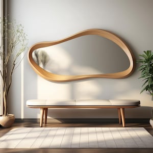 Handcrafted Oak Asymmetrical Mirror - Mid Century Modern Mirror - Asymmetrical Irregular Mirror - Wooden Framed Mirror - Mirror Home Decor