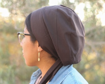 Chocolate Brown Snood Headcovering // Women's Pre-tied Full Coverage Cotton Headwrap with Ties