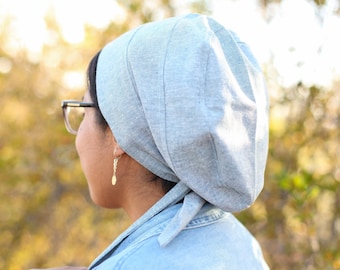 Chambray Linen/Cotton Blend Snood Headcovering // Women's Pre-tied Full Coverage Headwrap with Ties